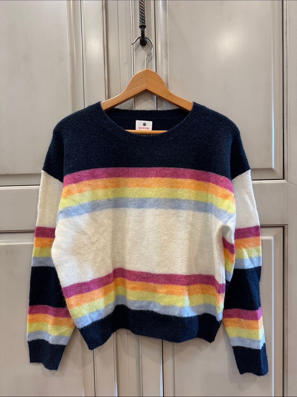 Sundry Navy Sweater with Multicolor Stripe Bands